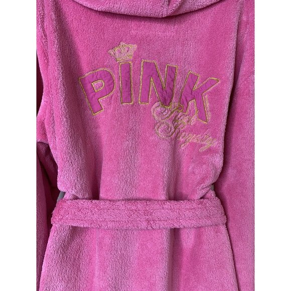 Victoria's Secret PINK M/L Gold Embroidery Plush Bath Robe Hoodie Barbie Core VS - Picture 6 of 9
